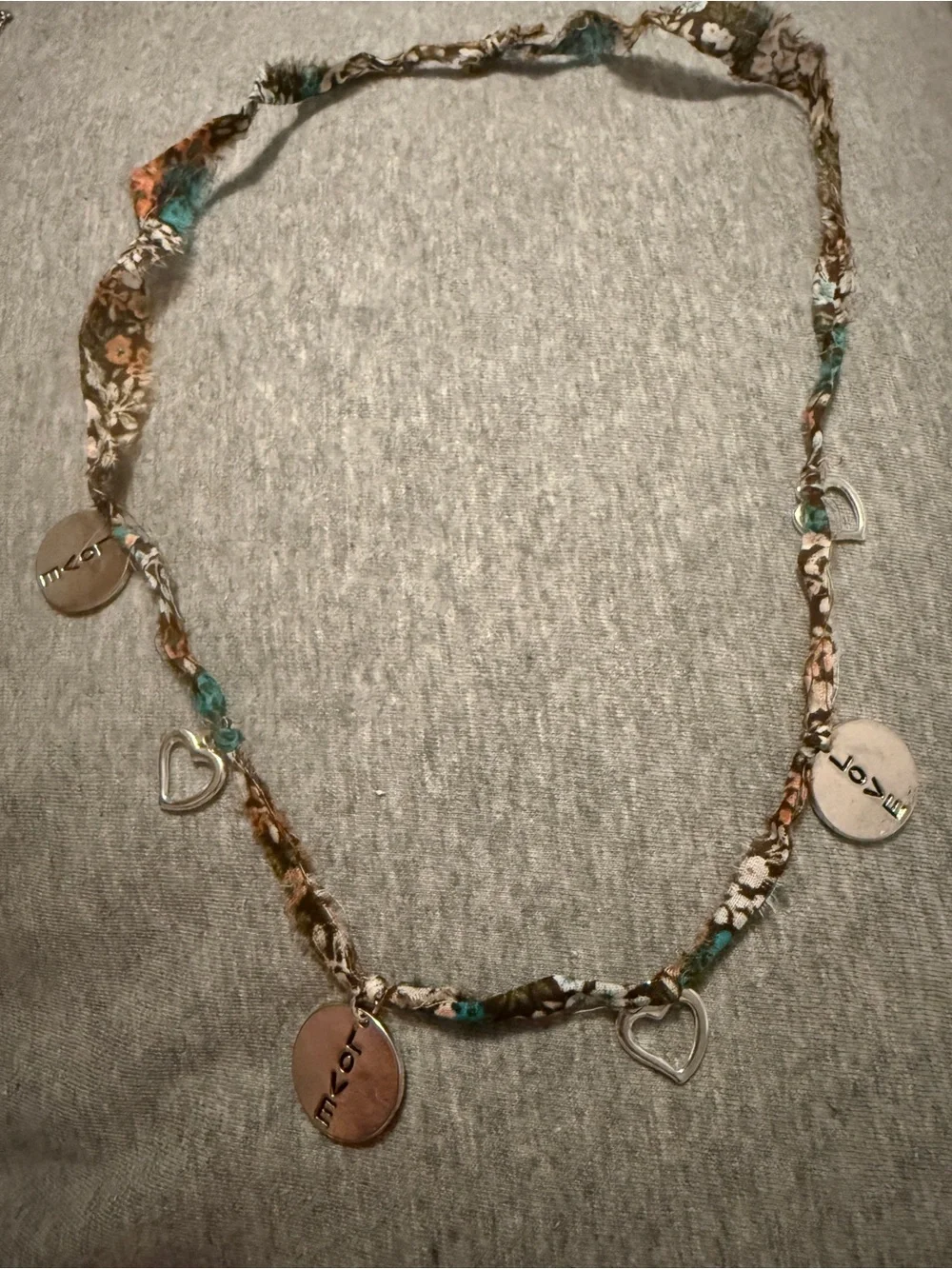Boho Floral Fabric Necklace with Teal & Brown Accents & Silver Heart Love Charms - Picture 3 of 4